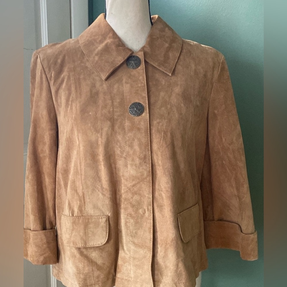 Tria brown buttery suede button down 3/4 sleeve work casual jacket top